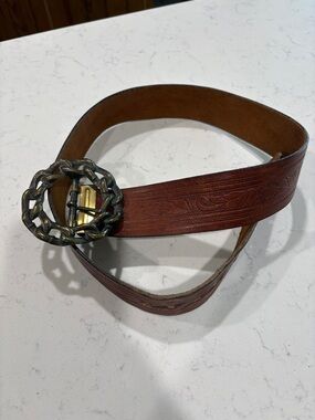 Vintage Brown Tooled Leather Women's Belt with Chain-Link Buckle